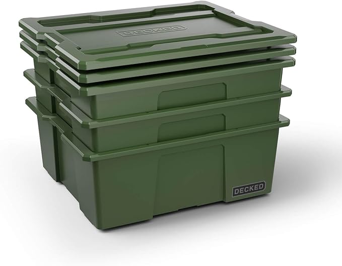 DECKED Payloader 32 L (3-Pack) - 75 lb Bin / 200 lb Lid Load Rated, Heavy-Duty Stackable Storage Bins, Fits Drawer System & Tool Box - Ranger Green