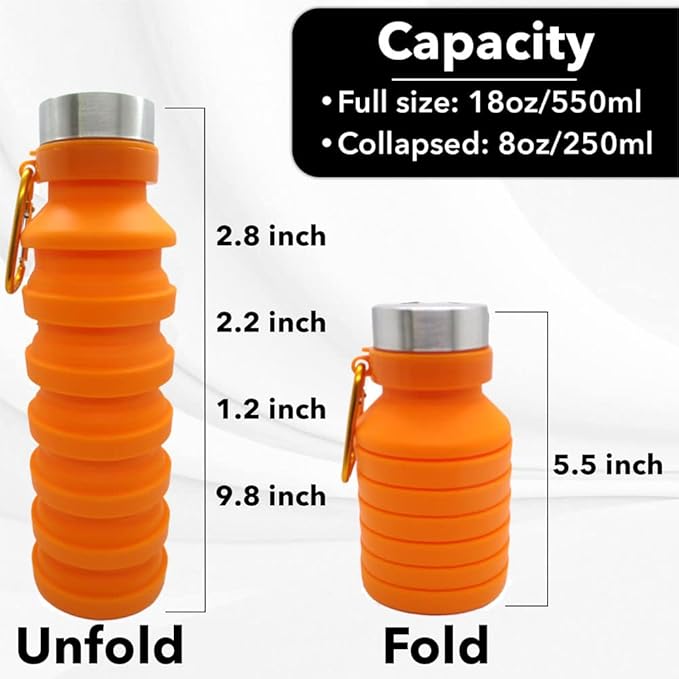 Gadgetime USA Collapsible Water Bottle (Orange) - Reusable, BPA Free, Silicone, Foldable Portable & Leak Proof - Water Bottles for Travel Gym Camping Hiking - Sports Water Bottle with Carabiner