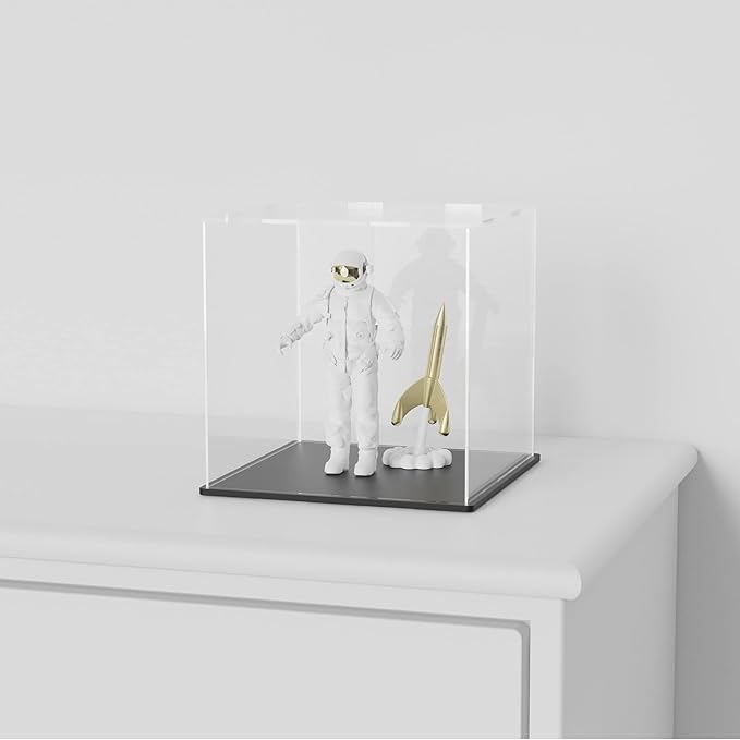 SVENJBB Acrylic Display Case, 8x6x7 Inch Cube Acrylic Boxes for Display, Clear Display Cases with Matte Black Base and Lid for Collectibles and DIY Crafts House Kit