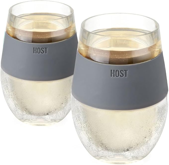 Host Wine Freeze Cup Set of 2 - Plastic Double Wall Insulated Wine Cooling Freezable Drink Vacuum Cup with Freezing Gel, Wine Glasses for Red and White Wine, 8.5 oz Grey - Gift Essentials