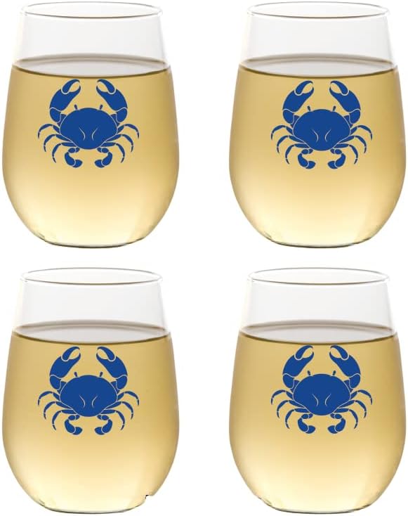 Set of 4 Shatterproof Designer 16 oz Plastic Wine Glasses MADE in the USA (BLUE CRAB)