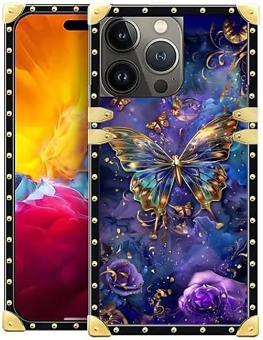 Compatible with iPhone 15 Pro Max Case, Glistening Golden Butterfly Vibrant Purple Blue Luxury Golden Decoration for Girl Women Soft TPU Shockproof Protective Hard PC Back