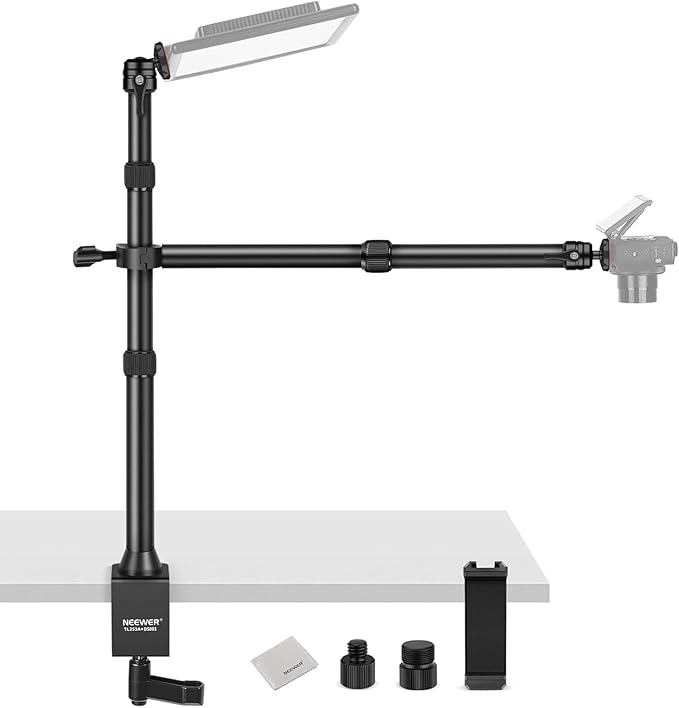 NEEWER Desk Stand with 2 Telescopic Boom Arms Phone Holder for Mic Camera Webcam Ring Light, Desktop Overhead Microphone Mount with C Clamp, Ball Heads, Screw Adapter, Cleaning Cloth, TL253A+DS001
