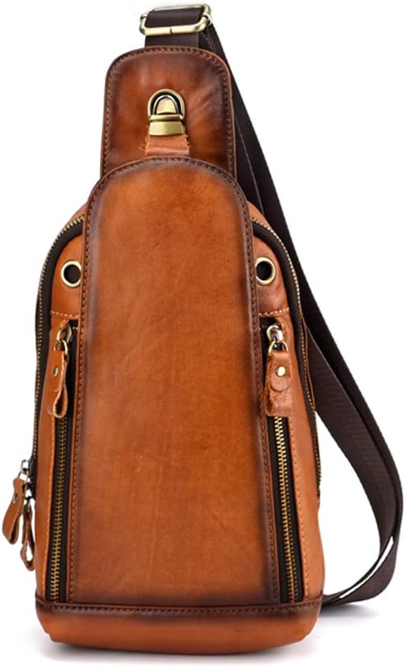 Leather Sling Bag Crossbody Backpack for Men Women Outdoor Travel Camping Hiking Shoulder Chest Day Pouch Casual Vintage Sling Daypack Yellow Brown
