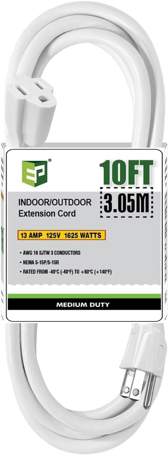 EP 10 Ft Outdoor Extension Cord - 16/3 SJTW White Electrical Cable with 3 Prong Grounded Plug