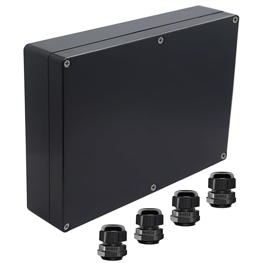 Junction Box IP65 Waterproof ABS Plastic Electrical Project Case Power Junction Boxes, Project Box with 4 PCS M16 Cable Glands 10.35x7.17x2.36 inch (263 x 182 x60 mm)