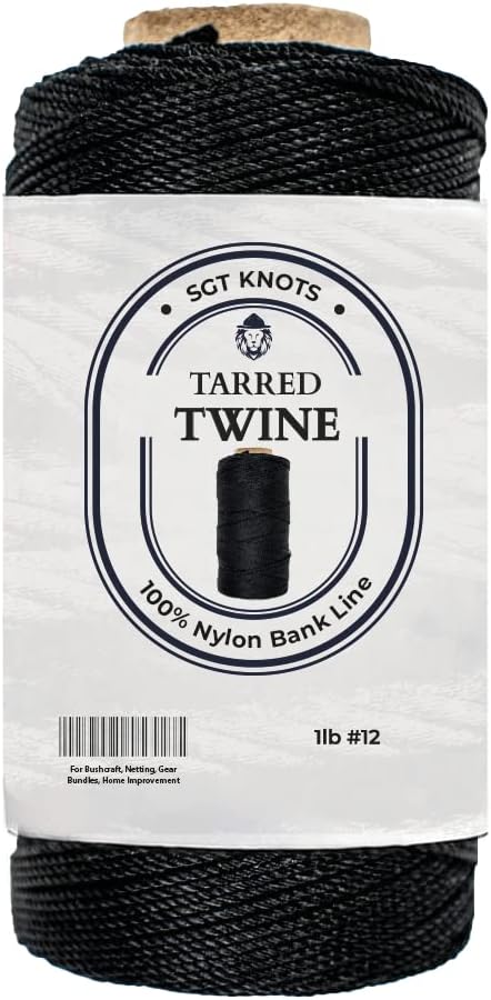 SGT KNOTS Tarred Twine - 100% Nylon Bank Line for Bushcraft, Netting, Gear Bundles, Construction, Lacing Twisted Cord, Weatherproof #12-1 lb