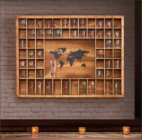 Large Shot Glass Display Case with World Map,60 Slots, 34 X 26 Inch Rustic Wood Shot Glass Display Cabinet for 2 Size -In Rooms Bars Wine Cellars with Shot Glasses Jewelry Shell & Keepsakes