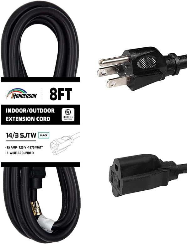 Indoor Outdoor Extension Cord Weatherproof, UL Certified, 14 Gauge 8FT Black 3 Prong Heavy Duty, 14/3 SJTW 15A Power Cord for Outdoor Lights, Appliances, Lawn