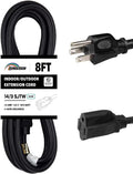 Indoor Outdoor Extension Cord Weatherproof, UL Certified, 14 Gauge 8FT Black 3 Prong Heavy Duty, 14/3 SJTW 15A Power Cord for Outdoor Lights, Appliances, Lawn