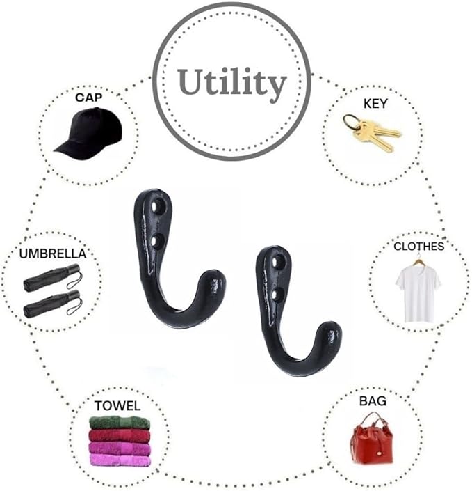 FAPBADRI Multipurpose Hooks, Used to Hang Clothes, Bags, Coats, Curtain Hold Backs, Keys, Colour - Black, Material - Aluminium, Screws and Wallplugs Included, Pack of 10 Pieces