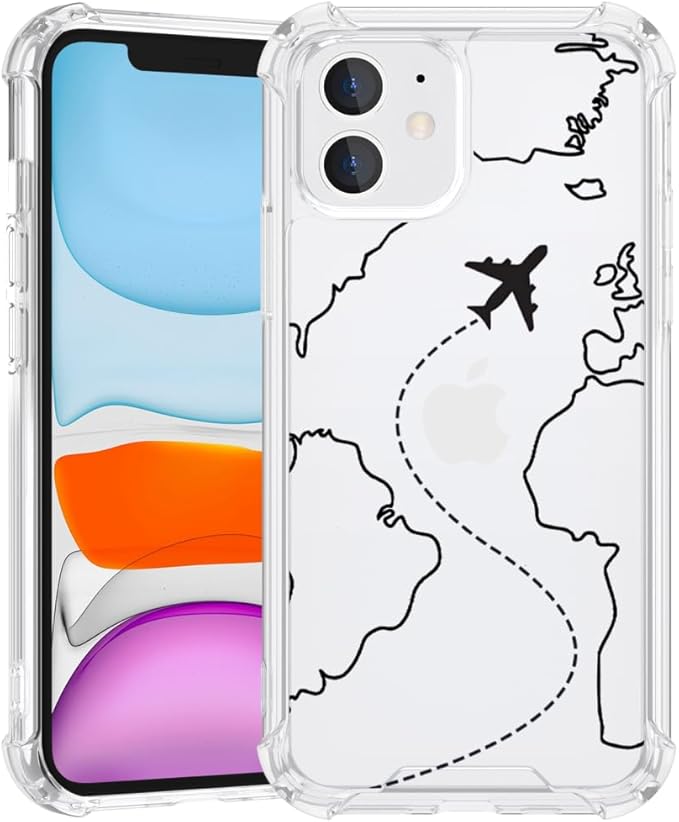 FANXI Minimalist Airplane Travel Map Phone Case Compatible with iPhone 11 (6.1 Inch) - Shockproof Clear Soft TPU Protective Cover with Airplane Design for Women Men and Girls