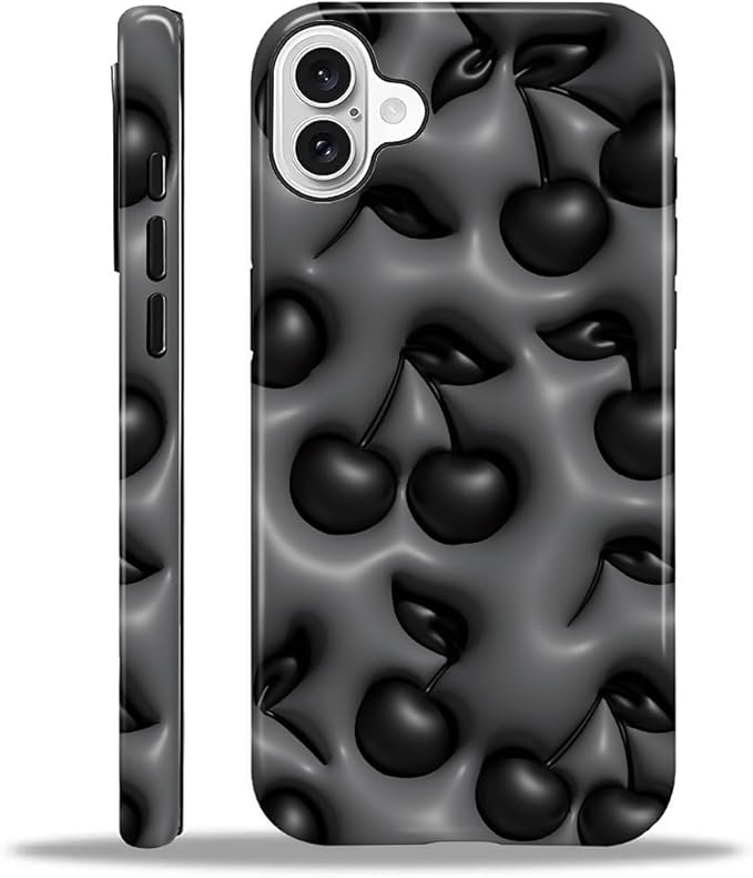 for iPhone 16 Case,HL2 Cute Cool Cherry Black Hybrid 2 Layer Hard Shell Silicone Protective Pattern Design Case