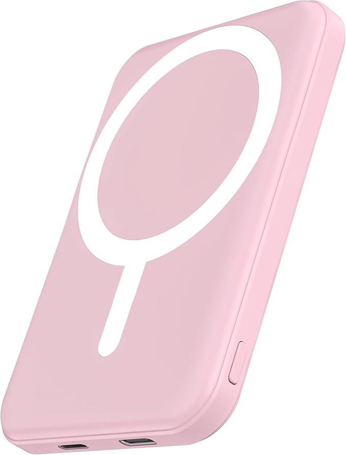 podoru for Magsafe Battery Pack, 5000mAh Magnetic Power Bank with Type-C Cable 20W PD Fast Charging Lighting Input Wireless Portable Charger for iPhone 17/16/15/14/13/12/ All Series-Pink