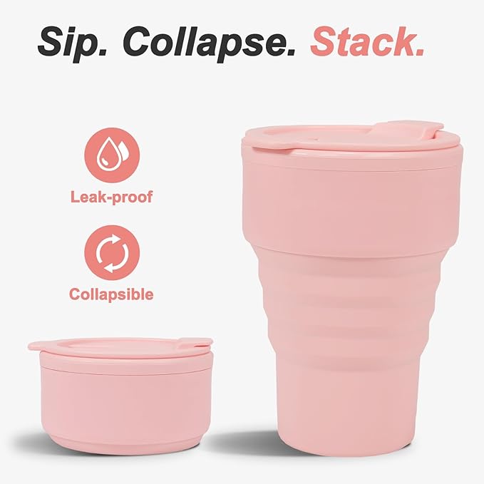 Collapsible Silicone Cup - Pink, Reusable Foldable Travel Cup for Camping, Hiking & Gym, Leak-Proof, Eco-Friendly, BPA-Free, Dishwasher Safe, Portable Water Bottle for Women