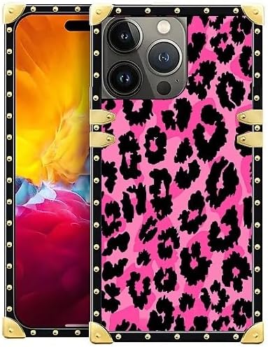 Compatible with iPhone 15 Pro Max Case, Pink Black Leopard Luxury Golden Decoration for Girl Women Soft TPU Shockproof Protective Hard PC Back for iPhone 15 Pro Max