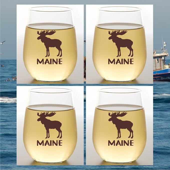 Wine-Oh! Set of 4 Shatterproof Designer 16 oz Plastic Wine Glasses MADE in the USA (MAINE MOOSE)
