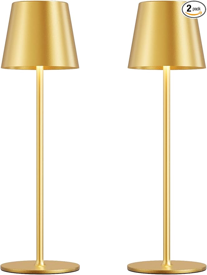 Kakanuo Cordless Table Lamp Rechargeable Gold - KK 2 Pack 5000mAH Battery Operated Lamp for Dining Table, 3 Color Stepless Dimming Wireless Lamp for Counter, Outdoor Patio, Touch Control