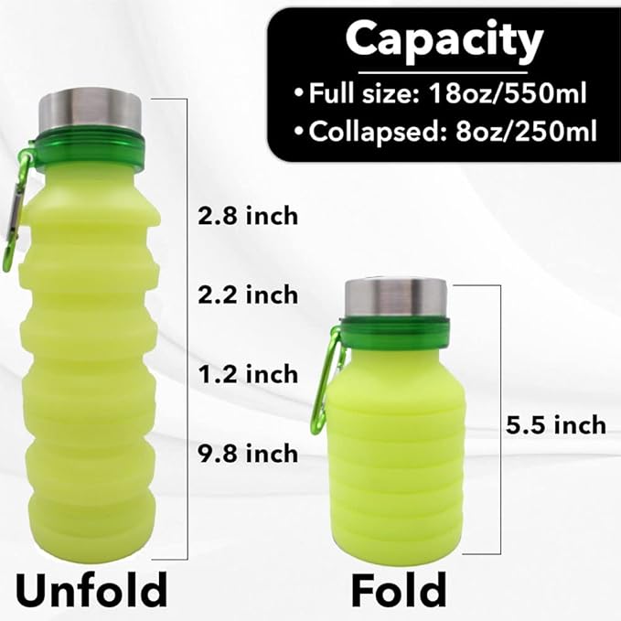 Gadgetime USA Collapsible Water Bottle (Yellow) - Reusable, BPA Free, Silicone, Foldable Portable & Leak Proof - Water Bottles for Travel Gym Camping Hiking - Sports Water Bottle with Carabiner