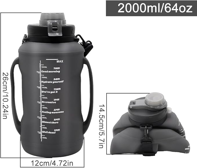 64oz Foldable Silicone Water Bottle with Straw, BPA-Free Motivational Time Marker, Leakproof Collapsible Water Jug with Handle for Gym, Sports, Camping & Outdoor Activities (Black)
