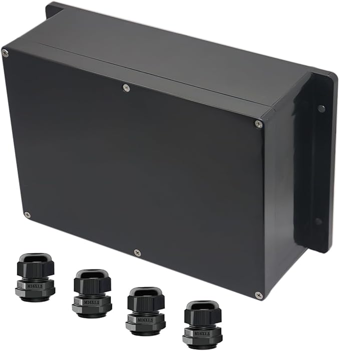 Project Box ABS Black Electrical Boxes IP65 Outdoor Waterproof Box Electronic Junction Box Power Fixed Ear Enclosure with Cable Glands for DIY Project 10.35 x 7.17 x 3.74 inch (263x182x95mm)