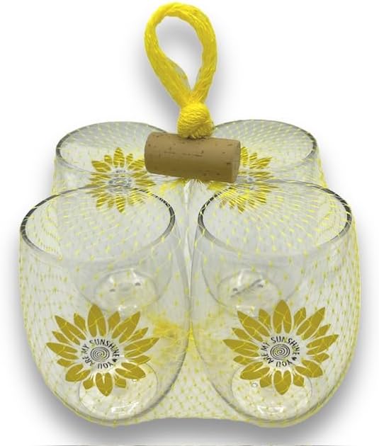 Set of 4 Shatterproof Designer 16 oz Plastic Wine Glasses MADE in the USA (SUNFLOWERS)
