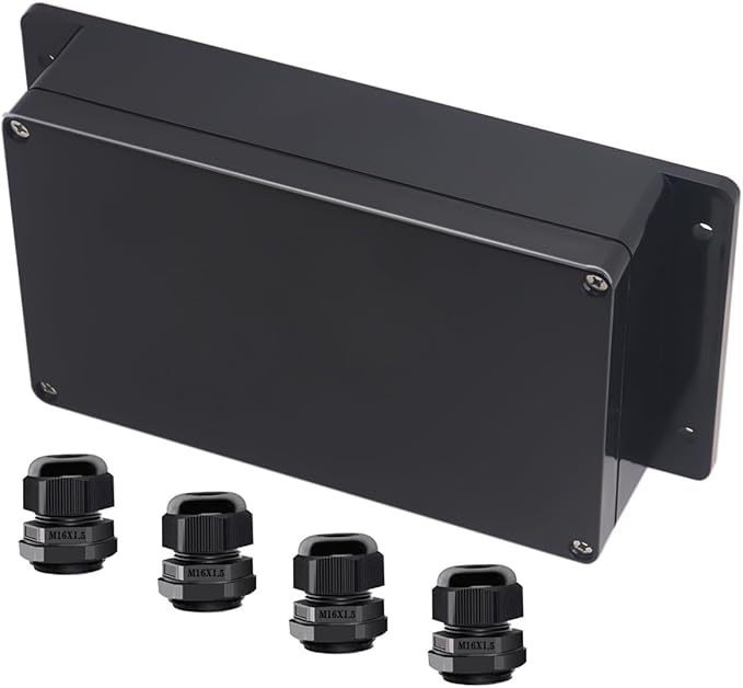 Project Box ABS Black Electrical Boxes IP65 Outdoor Waterproof Box Electronic Junction Box Fixed Ear Power Enclosure with Cable Glands for DIY Project 7.87 x 4.72 x 2.2 inch (200x120x56mm)
