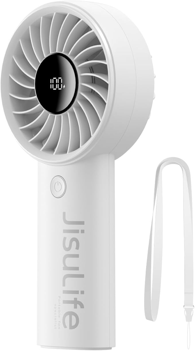JISULIFE Handheld Portable Fan, Stronger and Longer-Lasting: 5 Speed, 5000mAh Battery, 12-Blade Turbo For Powerful Wider Wind, LED Display, Rechargeable Personal Fan for Travel Concerts Makeup-Gery