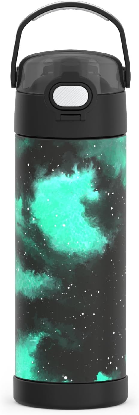THERMOS FUNTAINER 16 Ounce Stainless Steel Vacuum Insulated Bottle with Wide Spout Lid, Galaxy Green