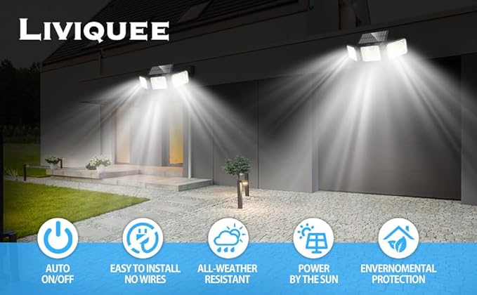 2 Pack 180 LED Solar Flood Light Outdoor,Motion Sensor Outdoor Lights,IP65 Waterproof,3 Adjustable Heads Outdoor Solar Lights,Solar Lights for Outside Fence Driveway Walkway