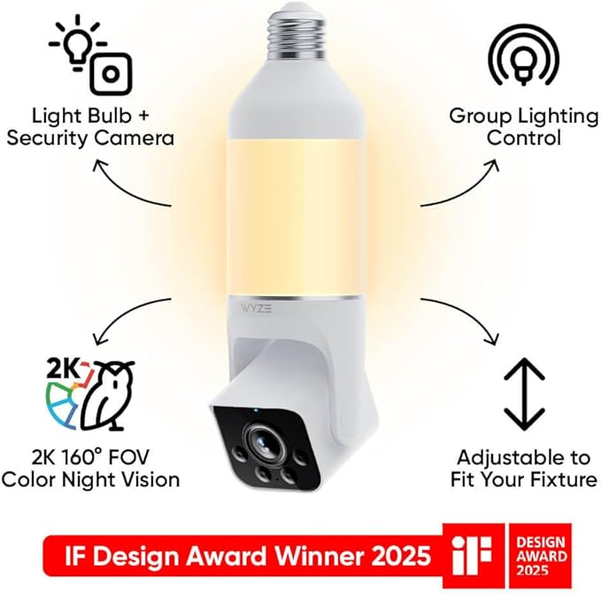 WYZE Bulb Cam Security Camera, 2K HD Outdoor Light Bulb Camera, Color Night Vision, Dimmable LED Bulb, Motion Detection, Siren Alarm, Works w/Alexa/Google Assistant. Free Expert Support (Renewed)