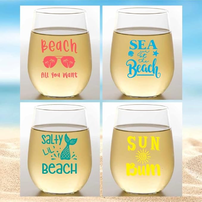 Set of 4 Shatterproof Designer 16 oz Plastic Wine Glasses MADE in the USA (BEACH)