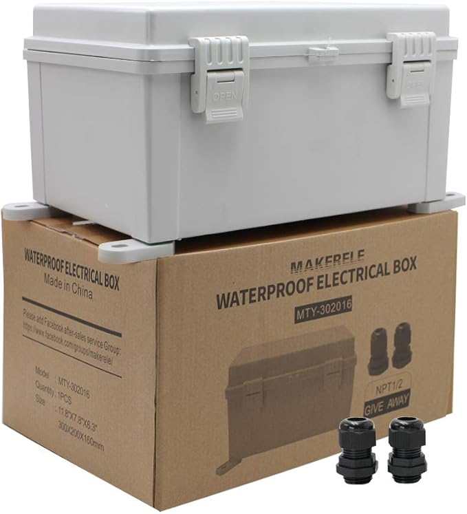 MAKERELE Waterproof Junction Box Outdoor Junction Box ABS Plastic Waterproof Universal Electrical Project Box (Grey Cover, 11.8 * 7.8 * 6.3 Plastic latches)
