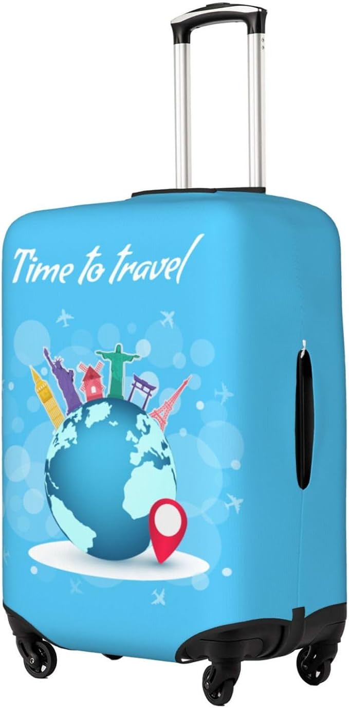 Travel Luggage Cover with Time to Travel Print, World Landmarks Design, Elastic Suitcase Protector for Suitcases (Fits 25-28 Inch Luggage)