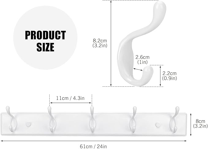 Badiano Wooden Coat Rack, Wall-Mounted Organizer for Closet, Entryway, Hallway, Foyer, Bedroom, Heavy Duty Double Hooks for Hanging Towels, Bags, Hats, Jackets, Key (White, 5 Hooks)