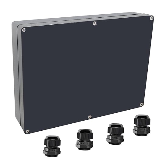 Junction Box IP65 Waterproof ABS Plastic Electrical Project Case Power Junction Boxes, Project Box with 4 PCS M16 Cable Glands 11.42x8.27x2.48 inch (290 x 210 x63 mm)