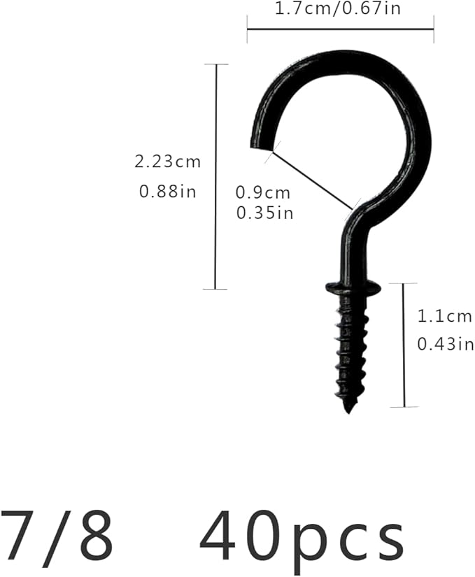 Spiral Ceiling Hook (7/8in Black 40pcs) - Stainless Steel Cup Hook Screw-in Lightweight Hook for Christmas Light Ceiling Indoor/Outdoor Suspension, Rustproof, Instant Install