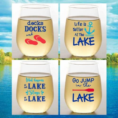 Set of 4 Shatterproof Designer 16 oz Plastic Wine Glasses MADE in the USA (DECKS, DOCKS)