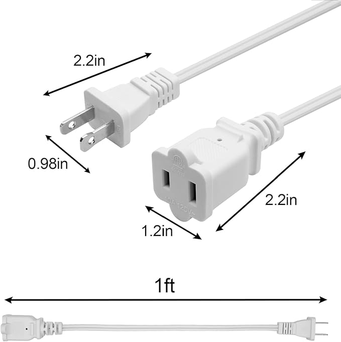 Small Extension Cord 1 FT,2 Prong White,Thin and Short Extension Cords,US Male/Female White Power Cable for Home,Office or Christmas Lights