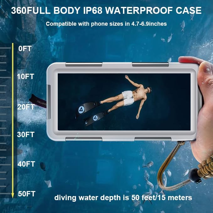 2026 Underwater Snorkeling Diving Phone Case for Phone 17/16/15/14/13/12Pro Max/Galaxy S25/S24/S23.(50ft/15m) Professional Scuba Dive Waterproof Case Underwater Photo Video（Gray）