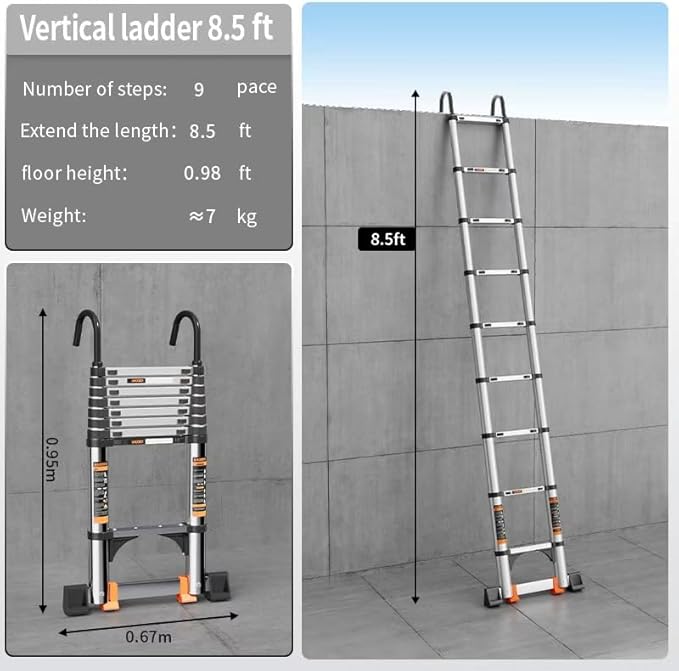 Telescoping Ladder,with Stable Hook and stabilizer barand,8.5FT Extension Ladder, Heavy Duty 330lbs Max Capacity, Multi-Purpose Collapsible Ladder for RV or Outdoor Work (2.6M/8.5FT)