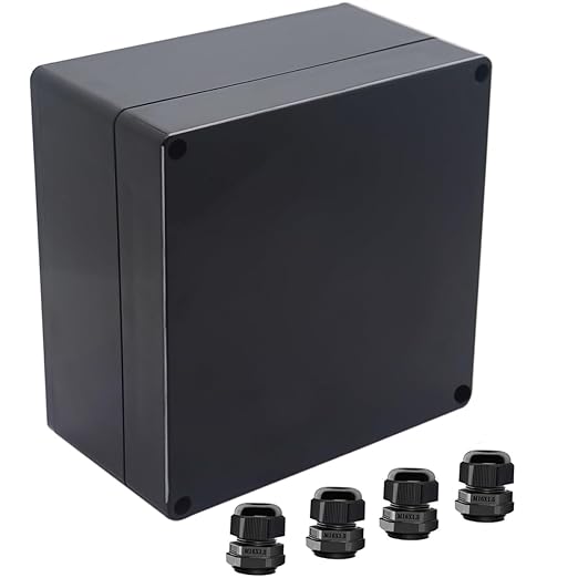 Junction Box IP65 Waterproof ABS Plastic Electrical Project Case Power Junction Boxes, Project Box with 4 PCS M16 Cable Glands 6.30x6.30x3.54 inch (160 x 160 x90 mm)