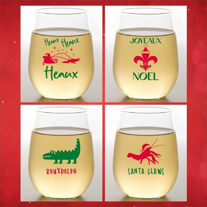 Wine-Oh! Set of 4 Shatterproof Designer 16 oz Plastic Wine Glasses MADE in the USA (CAJUN CHRISTMAS)