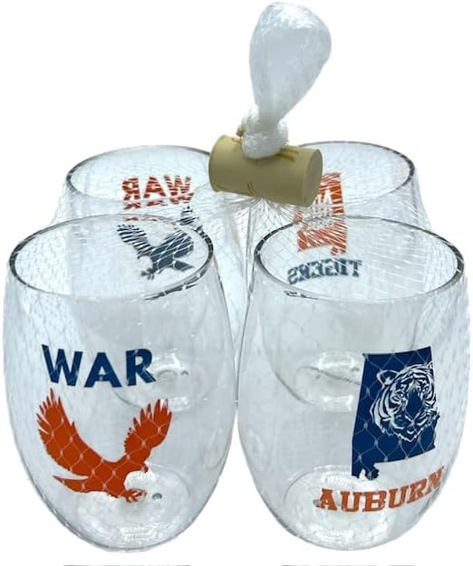 Wine-Oh Set of 4 Shatterproof Designer 16 oz Plastic Wine Glasses MADE in the USA (AUBURN)