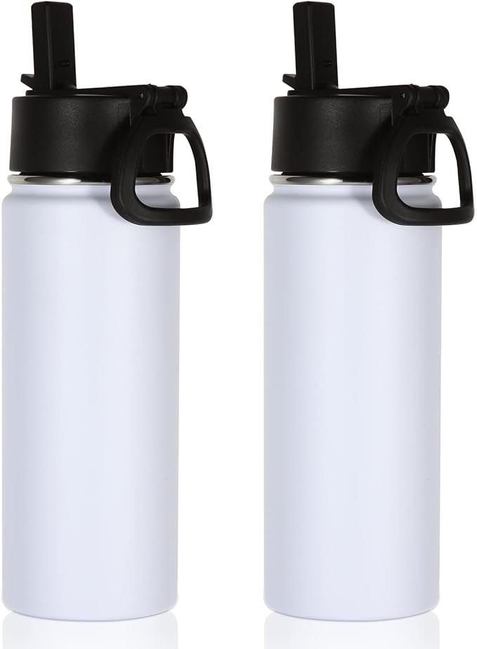 Volhoply 18oz Insulated Water Bottle Bulk 2 Pack,Kids Stainless Steel Water Bottles with Straw Lid,Double Wall Vacuum Metal Bottle,Wide Mouth Reusable Sports Flask for Cold Drink(White,2 Set)