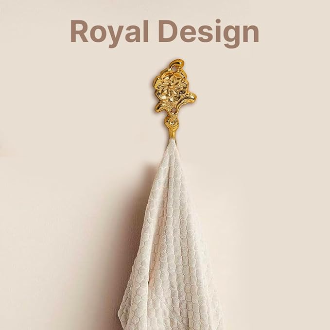 FAPBADRI Multipurpose Hooks, Used to Hang Clothes, Bags, Coats, Curtain Hold Backs, Keys, Colour - Full Gold, Material - Brass, Flower Design, Screws and Wallplugs Included, Pack of 2 Pieces