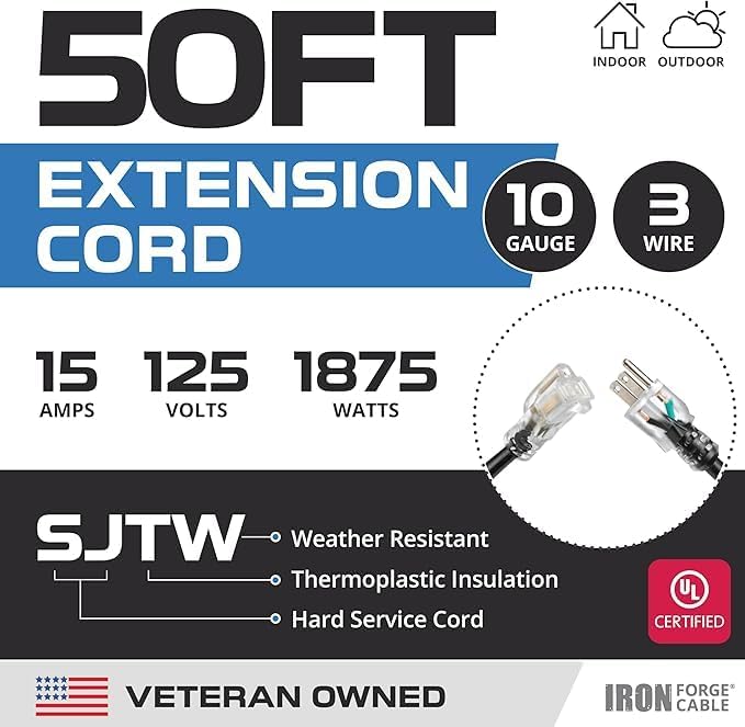 Iron Forge Cable 50 ft Lighted Outdoor Extension Cord - 10/3 SJTW Heavy Duty Black Extension Cable with 3 Prong 15 AMP Grounded Plug for Safety