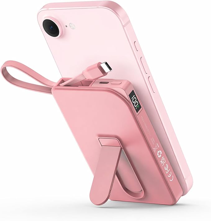 for Magsafe Battery Pack, Magnetic Power Bank with Stand, 10000mAh Wireless Portable Charger Fast Charging with Built in Cable(USB C), Powerbank for iPhone17/16/15/14/13/12 Travel & Daily, Pink