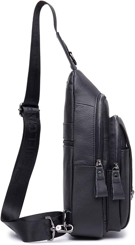 Hebetag Leather Sling Bag Crossbody Backpack for Men Women Outdoor Travel Work Shoulder Chest Pouch Camping Casual Daypack Black 18cm(W) x8cm(D) x30cm(H)(7.08"x3.14"x11.81") approx;