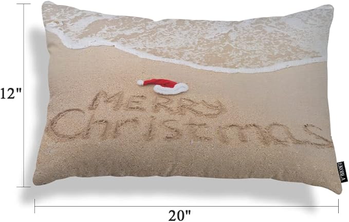 EKOBLA Merry Christmas Decorative Pillow Cushion Covers Xmas Quote Written On Tropical Beach Sand Oblong Rectangle Throw Pillow Cases for Sofa Bed Couch Cotton Linen 12x20 Inches